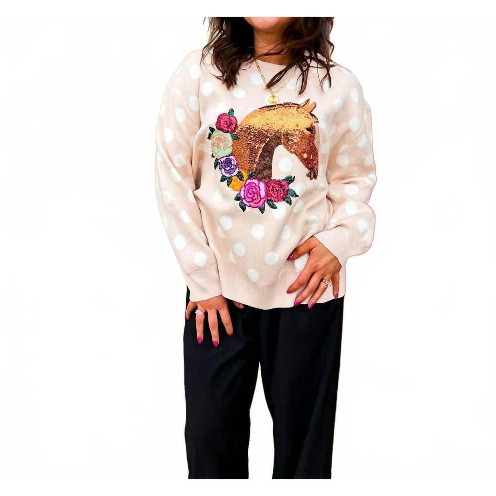NEW QUEEN OF SPARKLES polka dot horse & rose wreath sweater in pink - Picture 9 of 9